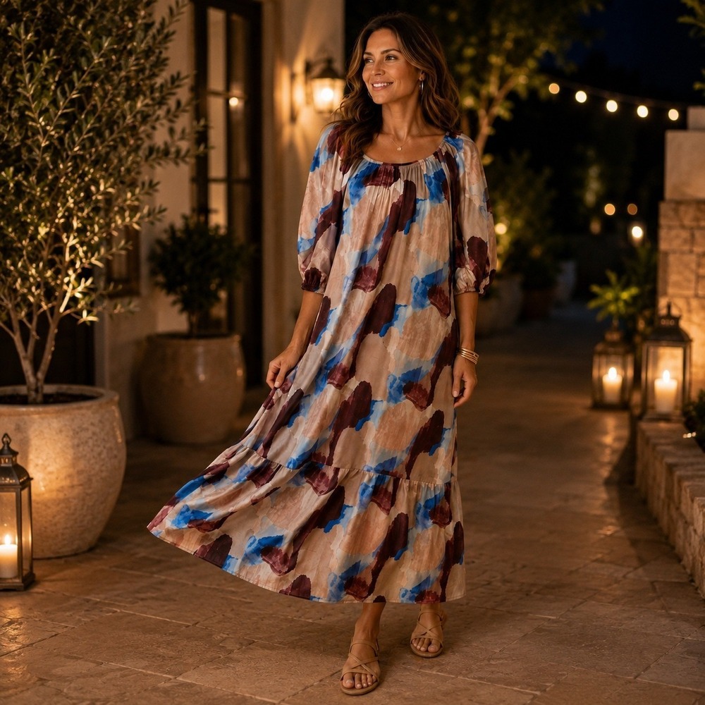 Never A Wallflower Silk Blend Maxi Dress M Boho Artsy Chic Puff Sleeve Flowy